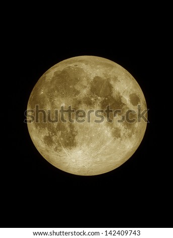 Close up surface textured of yellow full moon, lunar on dark night sky, black space background