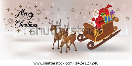  Santa Claus's reindeer pulling a sleigh through the night sky to help Santa Claus deliver gifts to children on Christmas Eve.Merry Christmas and Happy New -Year - Vector