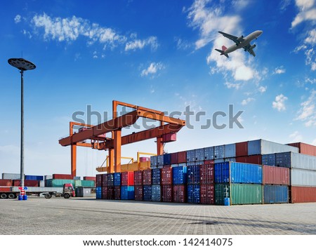 industrial port with containers Royalty-Free Stock Photo #142414075