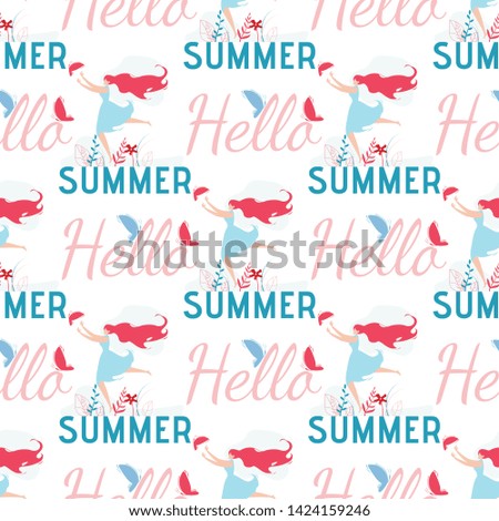 Hello Summer Greeting Seamless Female Pattern. Cartoon Pretty Happy Woman Running after Butterfly. Font and Handwritten Lettering. Vector Plant Leaves and Flowers Decoration. Flat Endless Illustration