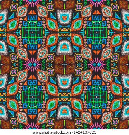 Ikat art. African seamless pattern. Fashion textile texture. Vintage boho print. Tribal folk ornament. Geometric backdrop. Black, cyan, pink, green, gold ikat art.