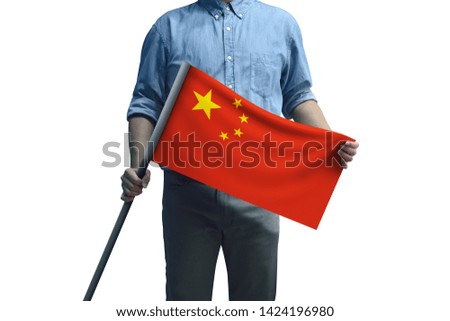 Young man holding China Flag in White Background