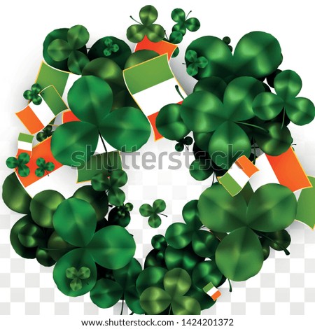 Vector Clover Leaf  and Ireland Flag Isolated on Transparent Background. St. Patrick's Day Illustration. Ireland's Lucky Shamrock Poster.  Card for Irish Party. Success Symbols.