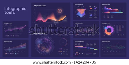 Dashboard infographic template with big data visualization. Pie charts, workflow, web design, UI elements. Royalty-Free Stock Photo #1424204705