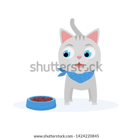 Cartoon little kitten with pet food in the bowl. Funny cat eating. Isolated vector illustration.