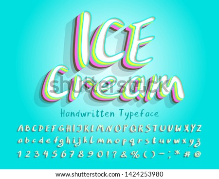 Ice cream Alphabet. Vector lettering typeface. Uppercase and lowercase letters, numbers, signs. Retro 3D Font for sweet dessert food design.