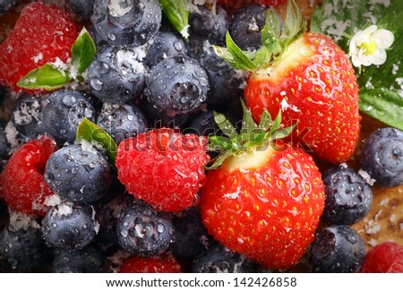 Berry background with water droplets on fresh ripe red strawberries, raspberries and blueberries, closeup view