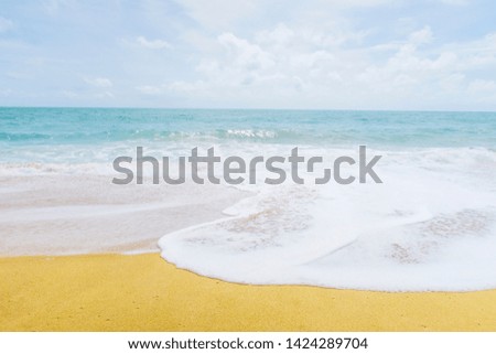 Nature landscape of golden sandy beach with blue ocean & soft wave on tropical summer white cloud blue sky background in morning sunlight of sunny & sunshine day, Andaman sea holiday vacation concept 