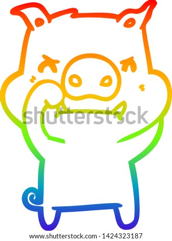 rainbow gradient line drawing of a angry cartoon pig