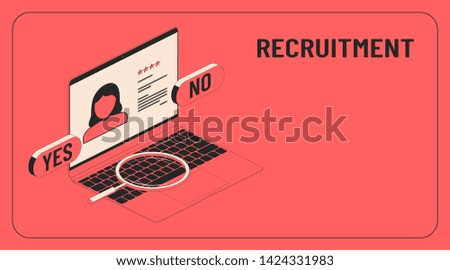 Recruitment. Yes or no marks. Hiring a concept. Human face resource and its data with four stars rating on a laptop screen. Isometric flat outline vector illustration for a internet landing web page