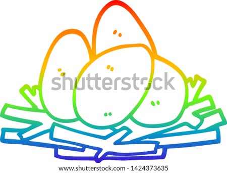 rainbow gradient line drawing of a cartoon eggs in nest