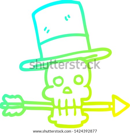 cold gradient line drawing of a cartoon skull with top hat and arrow