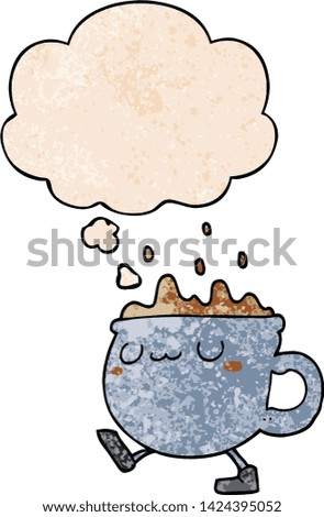 cartoon coffee cup walking with thought bubble in grunge texture style