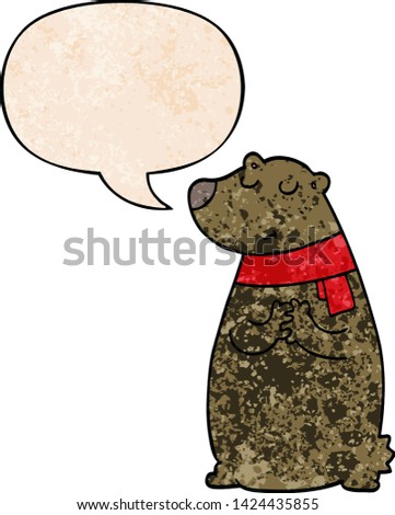 cartoon bear wearing scarf with speech bubble in retro texture style