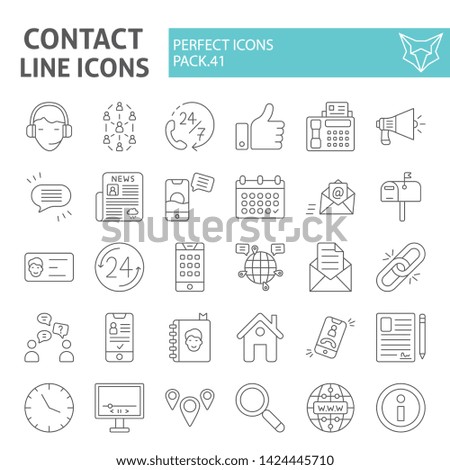 Contact thin line icon set, communication symbols collection, vector sketches, logo illustrations, contact information signs linear pictograms package isolated on white background, eps 10.