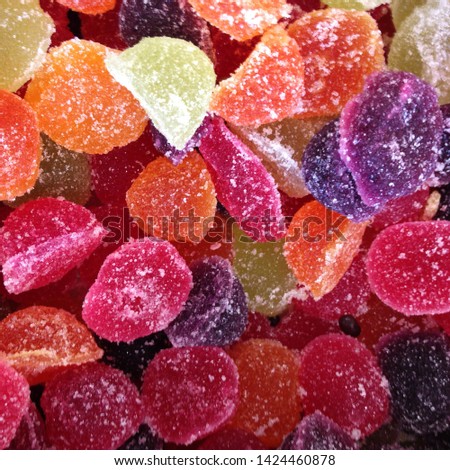 Macro photo food dessert jelly sweets. Texture background fruit jelly sweets candies. Image of fruit marmalade candy