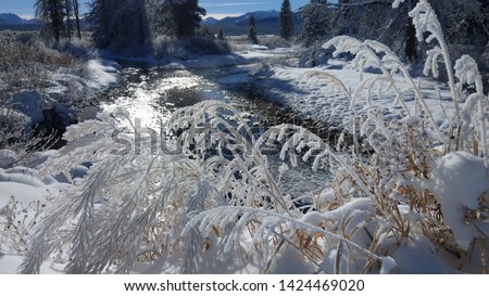 Snow covered mountains and river