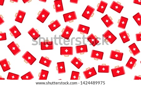 Seamless pattern texture of red medical pharmaceptic first aid kits with medicine, drugs on white background.  illustration.