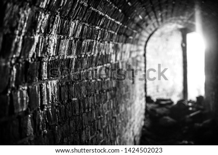 Endless tunnel as abstract background with vanishing point perspective.Entrance tunnel of old brick. Dark arched doorway. Black-white.