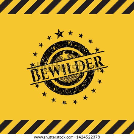 Bewilder black grunge emblem, yellow warning sign. Vector Illustration. Detailed.