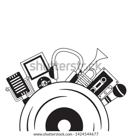vinyl record trumpet cassette headphones microphone music background vector illustration