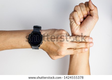 Close up black touch screen fitness tracker and smart watch isolated on white background, monitor daily healthy with modern technology, Place for text, logo or mobile app on empty screen