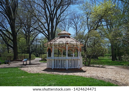 Wooden antique pavilion in green garden park at Missouri botanical garden- Saint Louis city, United states