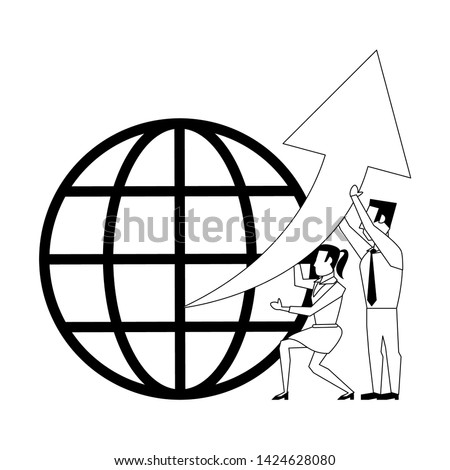 two business people couple lifting an arrow and a globe behond avatars cartoon characters vector illustration graphic design