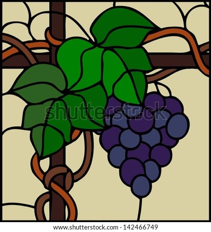 Red grape with leaves, vertical composition, vector illustration in stained glass style
