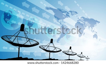 Satellite dishes on rooftop with world and graphic effect, Technology concept