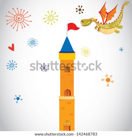 Vector magic cartoon castle with dragon and sparkling stars