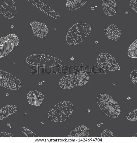 Seamless pattern of elements with hand drawn bakery products on a chalkboard background. Vector icons in black and white sketch style. Hand drawn isolated objects