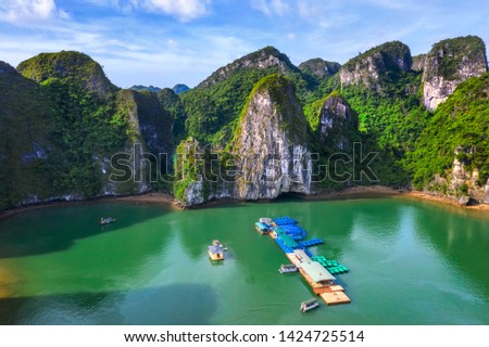 Aerial view of Luon cave and rock island, Halong Bay, Vietnam, Southeast Asia. UNESCO World Heritage Site. Junk boat cruise to Ha Long Bay. Popular landmark, famous destination of Vietnam