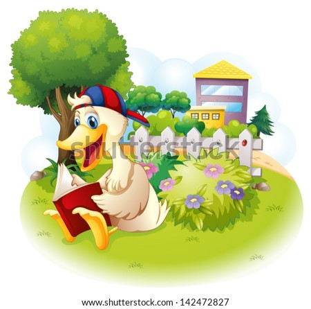 Illustration of a duck reading at the garden with a fence on a white background