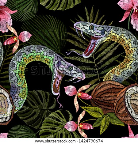Embroidery snake, coconut and tropical orchid flowers seamless pattern. Summer jungle art. Fashion template for clothes, textiles, t-shirt design 