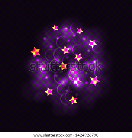 Vector Glowing Lights and Star Shaped Confetti Isolated on Dark Transparent Background, Decorative Elements Template.