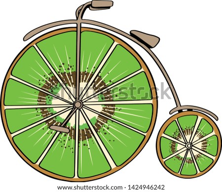 Vintage bike fruits, vector orange kiwi, tropical citrus bicycle, juice illustration 