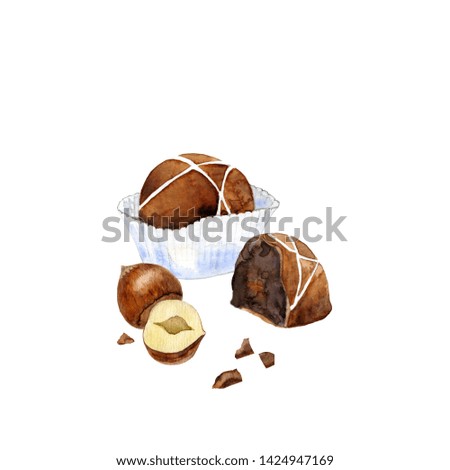 Milk chocolate ball in paper cup and half of candy with hazelnuts. Cacao candy isolated on white. Watercolor illustration of confection for special occasion. Hand drawn praline for menu, recipe, logo.