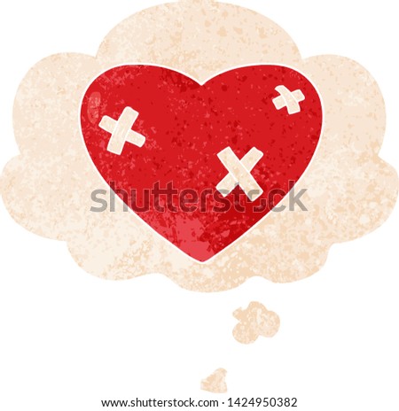cartoon beaten up heart with thought bubble in grunge distressed retro textured style
