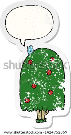 cartoon tall tree with speech bubble distressed distressed old sticker