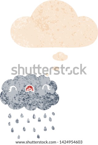 cute cartoon cloud with thought bubble in grunge distressed retro textured style