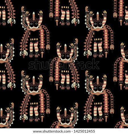 Seamless geometrical pattern with ancient Peruvian tribal motifs from Paracas. Fantastic flying monster creatures. Pre Columbian Native American art.