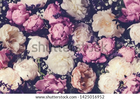 Vintage bouquet of beautiful pink and white peonies. Floristic decoration. Floral background. Baroque old fashiones style image. Natural flowers pattern wallpaper or greeting card
