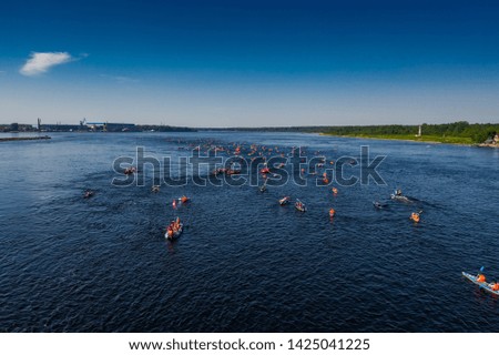 Russia, St. Petersburg, Aerial photography of sportsmen on canoes, sunny weather