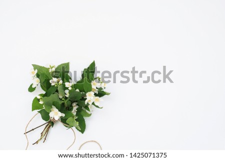 Beautiful bouquet of white jasmine flowers  on white background, top view, Spring summer concept. copy space. Flat Lay