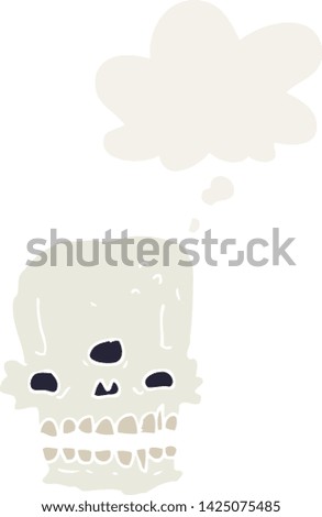 cartoon spooky skull with thought bubble in retro style