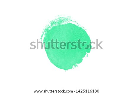 Smear and texture of lipstick or acrylic paint isolated on white background. Stroke of lipgloss or liquid nail polish swatch smudge sample. Element for beauty cosmetic design. Turquoise color