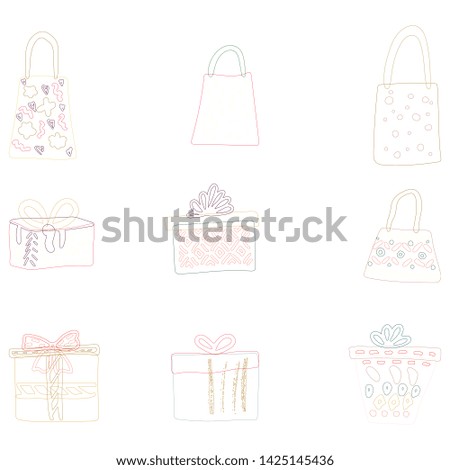 Silhouette of gift bags on white background. Hand drawn clip art. Flat style illustration. Greeting card, poster, banner, design element. Vector
