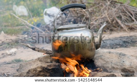 A teapot boils a theme on burning wood
