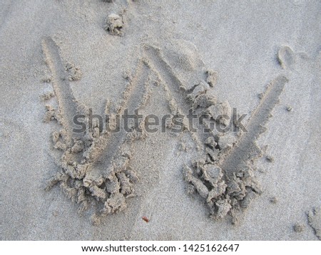 Close up view Hand writing on sand beach side with sign blank use design elemental nature. Summer spring day Form words english alphabet typescript font written drawn carved note text uppercase lower